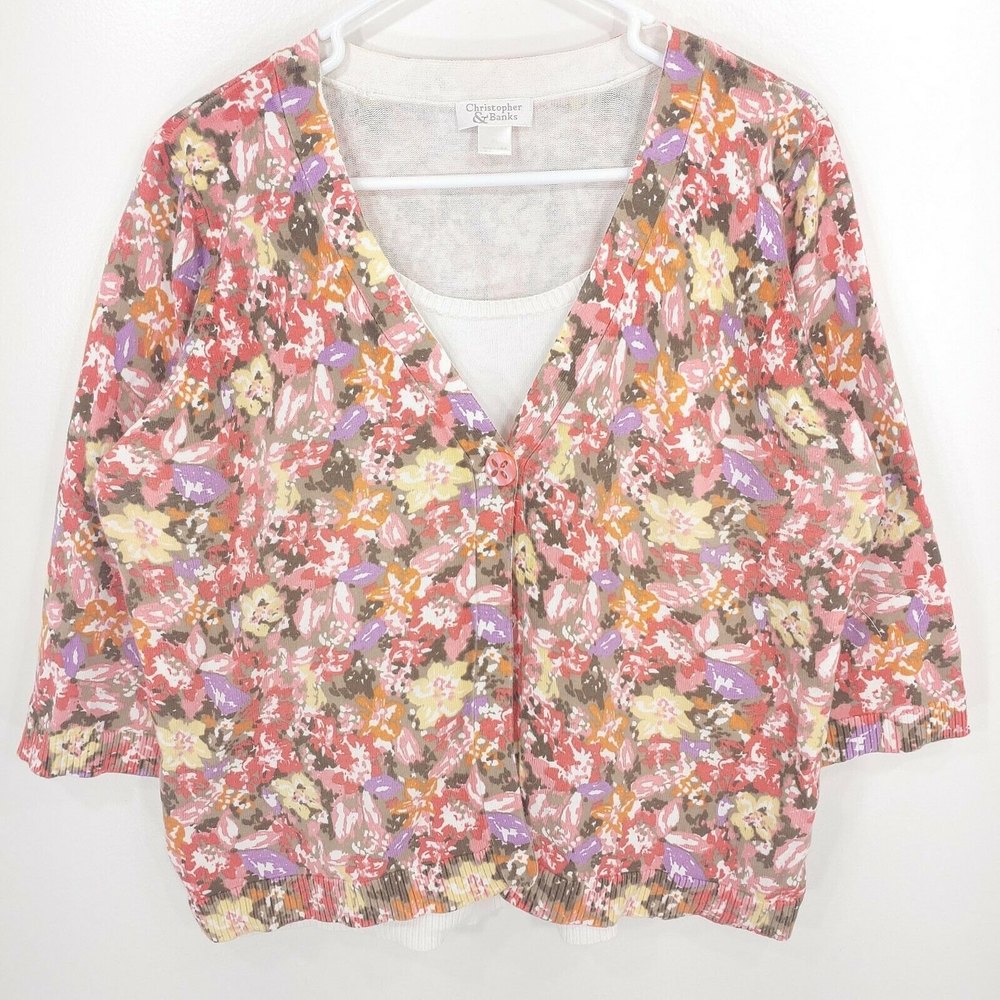 Christopher & Banks Women's Size XL Floral Blouse w/ Cardigan Layered Sweater